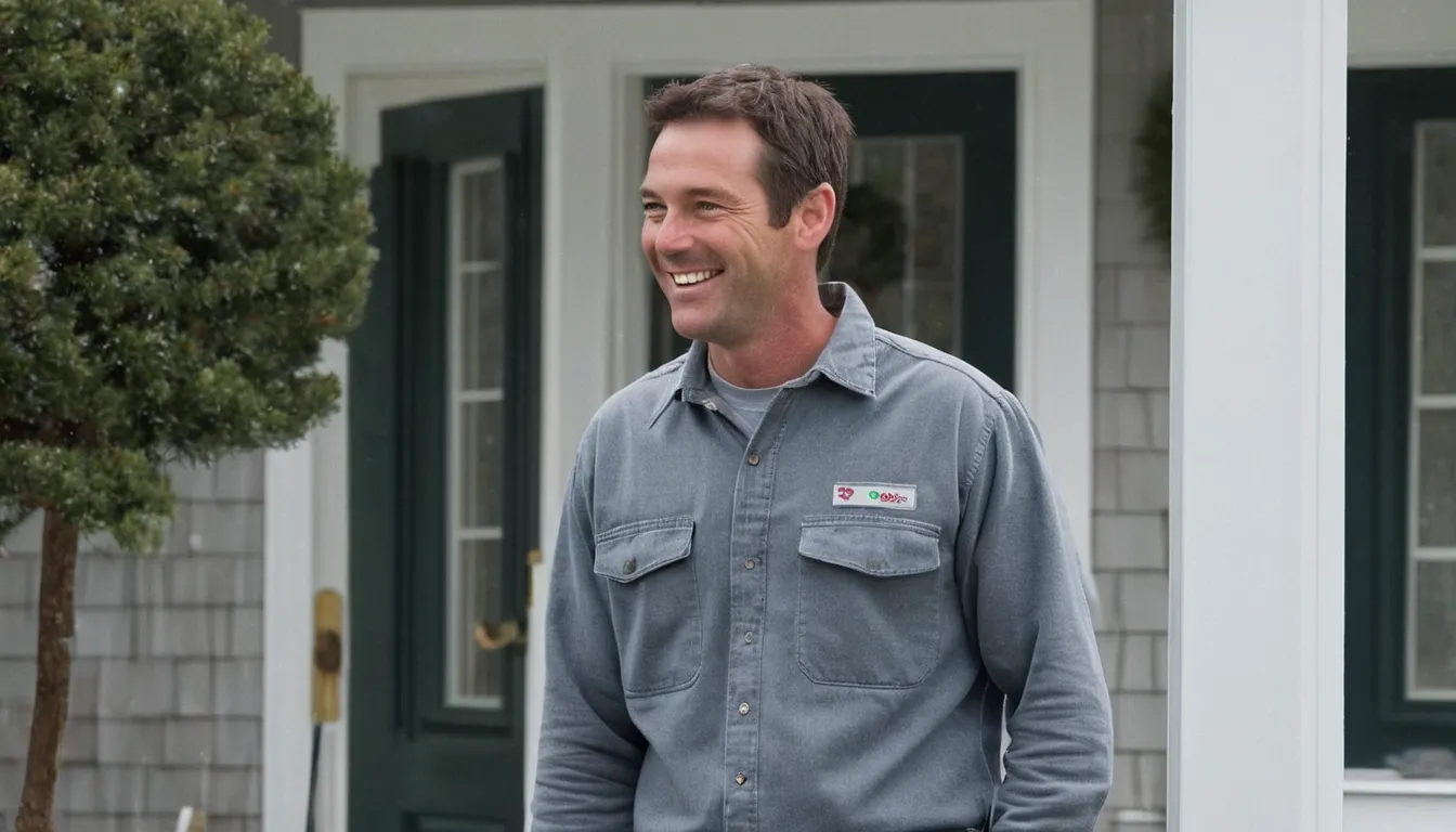 A friendly pest control provider talking with a homeowner at the front door of a Canonsburg house