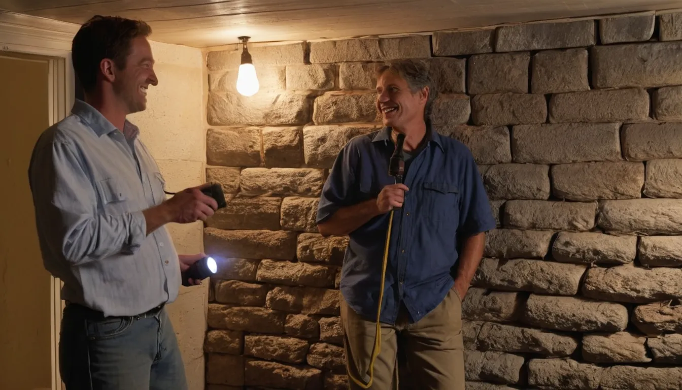 A friendly pest control provider inspecting a stone foundation wall in a Canonsburg basement with a homeowner